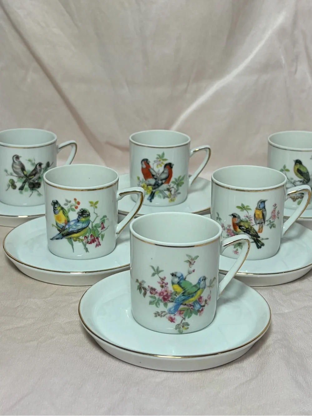 Vintage Royal Crown Japan Bird & Flower Porcelain Coffee Set for 6 Gold Trim